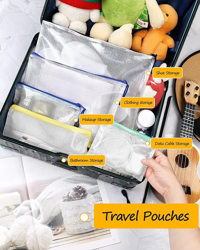 SUNEE Plastic Mesh Zipper Pouch 4.6x9.2 in (9 Colors, 18 Packs), Plastic Pencil Pouches, Multipurpose Travel Bags, for Office Supplies Bills Cosmetics Travel Accessories& Games Organizing Storage