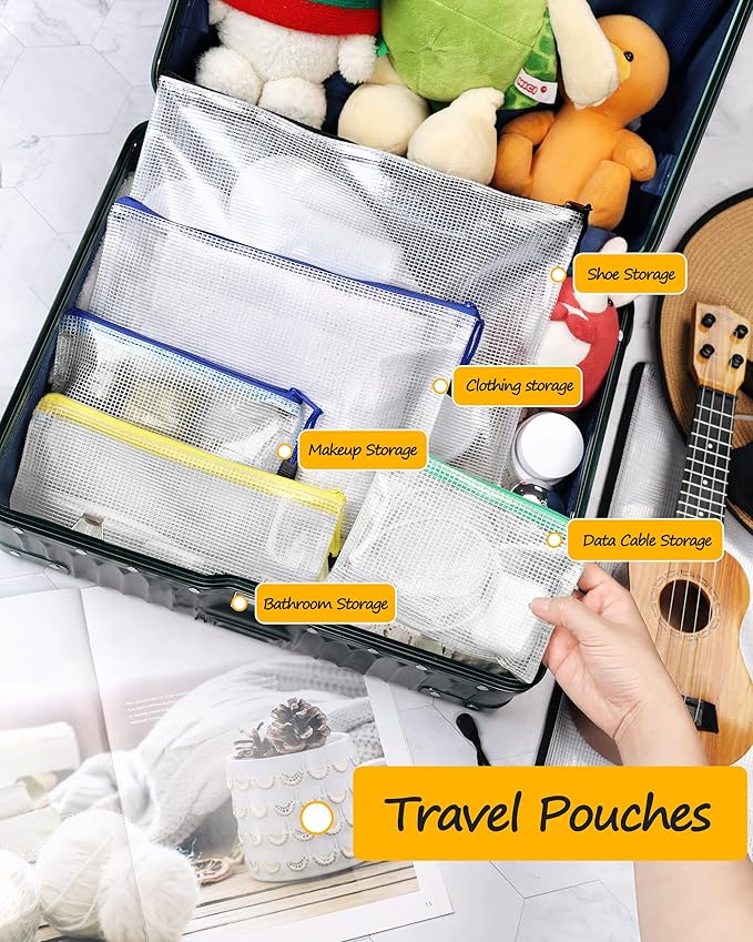 SUNEE Plastic Mesh Zipper Pouch 7x11 in (6 Colors, 12 Packs), Small Water-Resistant Zip Bag for School Office Supplies, Pencil Organizing Storage