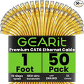 GEARit Cat 6 Ethernet Cable (50-Pack 1 Foot) Cat6 Network Patch, 10Gbps, RJ45, Snagless Cord, Gold-Plated Connectors, Internet for PC, TV, Tablet, Router, Printer, Servers, IT Data Center - Yellow