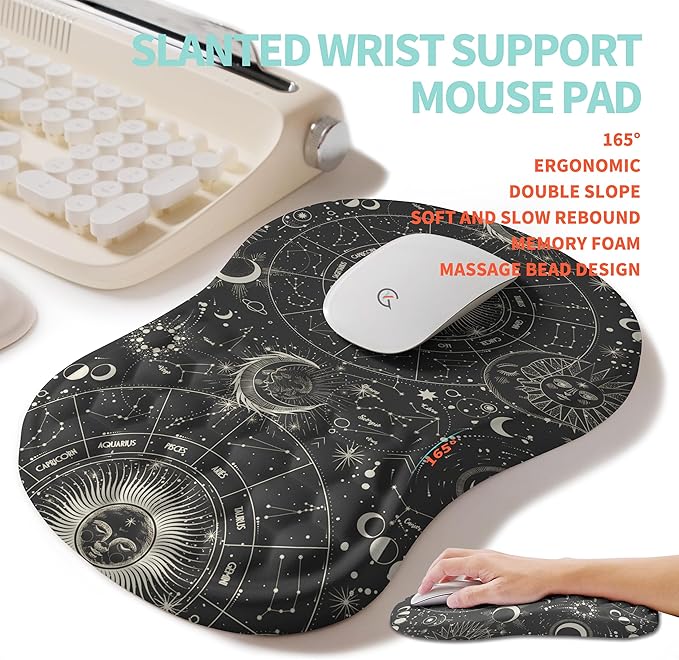 KUOSGM 2-in-1 Ergonomic Set, Wave Rise Keyboard Wrist Rest and Massage Bulge Slope Mouse Pad Wrist Support, Cushion Memory Foam Integrated to Relieve Wrist Pain, Constellation