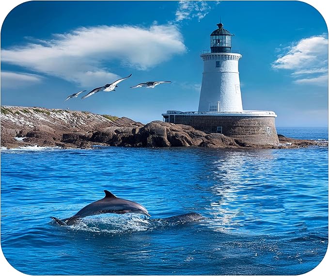 Coastal Shoreline Waves Sandy Beach Theme Mouse Pad Mat Mousepad for Desk Computer Laptop PC Gaming Home or Office Gift (Dolphin Lighthouse MP17)