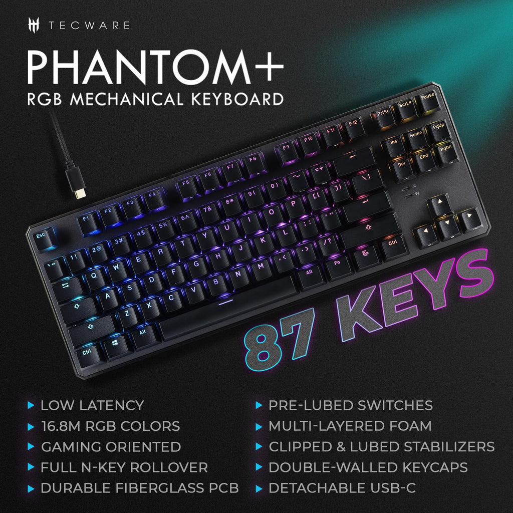 TECWARE Phantom+ 87 Key RGB Mechanical Gaming Keyboard, Black | TKL Thocky Creamy Keyboard, Hot Swappable, Double Shot ABS Keycaps, Wired USB-C, N-Key Rollover | Wraith Brown Linear Switch