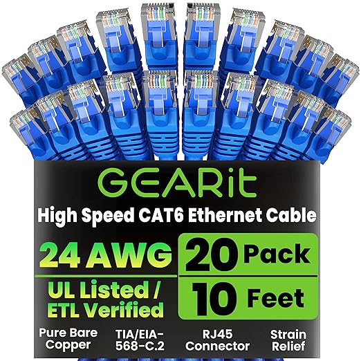 GearIT Cat 6 Ethernet Cable Pack - 20-Pack 10 ft Cat6 Ethernet Patch Cables | RJ45 Network Patch Cable, 10 Gbps Snagless Gold-Plated Connectors - Ethernet Cable Cat 6 for PC, TV, Router - Blue