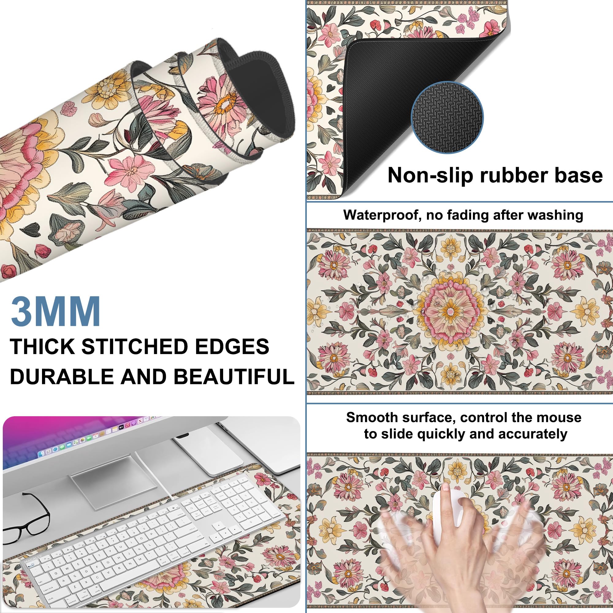NITAHHHY Elegant Carpet Gaming Mouse Pad 3mm Thick Stitched Edge Waterproof Non-Slip Large Computer Keyboard Mouse Mat,Suitable for Office Entertainment Decorative Desk Pad 35.4 x 15.7 Inches