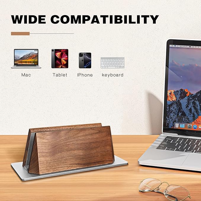 muso wood Vertical Laptop Stand, Walnut Laptop Holder Desktop Stand with Adjustable Dock Size, Wooden Laptop Stand for MacBook Pro and Other Laptops