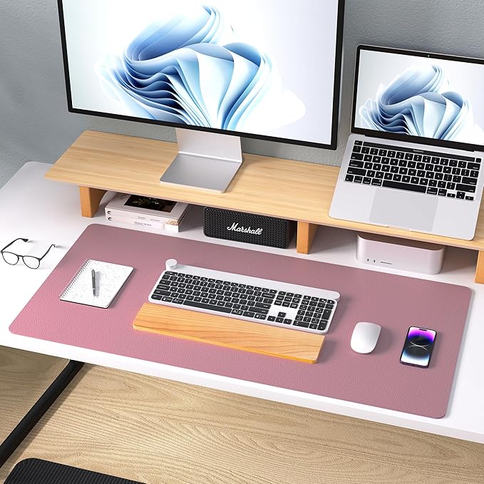 Aothia Leather Office Desk Mouse Pad Protector, Non-Slip PU Leather Laptop Desk Blotter/Mat, Waterproof Writing Pad for Office and Home, Dark Pink, 23.6" x 13.7"