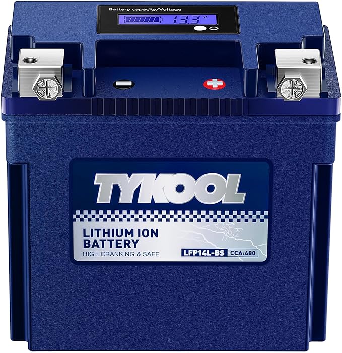 TYKOOL YTX14L-BS 3X Cranking Amps,5X Life, Lithium LiFePO4 Motorcycle Battery,12V 8Ah,480CCA,Digital Readout, Built in BMS,Powersports Battery, Compatible for Harley-Davidson, BRP (Sea-doo) Spark 900