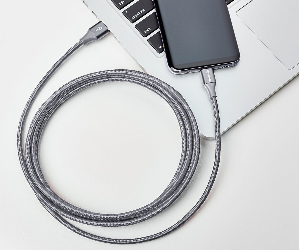 Amazon Basics Nylon Braided USB-C to USB-A 2.0 Fast Charging Cable, 480Mbps Speed, USB-IF Certified, for Apple iPhone 16/15, iPad, Samsung Galaxy, Tablets, Laptops, 10 foot, Dark Grey
