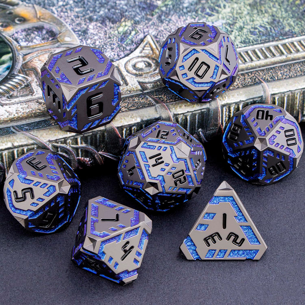 OGCOPHEN Metal DND Sci-fi Dice Set 7PCS Stripe Polyhedral Dice for Dungeons Dragons RPG Role Playing Game, Glitter D and D Dice with Gift Box D6 D8 D10 D12 D20 (Black&Blue Purple)