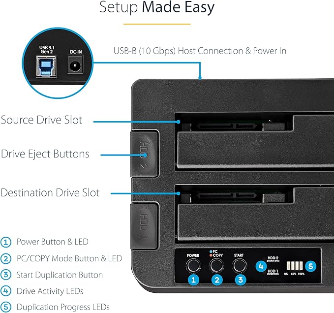 StarTech.com Standalone Hard Drive Duplicator, External Dual Bay HDD/SSD Cloner/Copier, USB to SATA III Docking Station