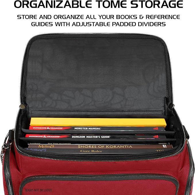 ENHANCE DND Bag - RPG Dungeons and Dragons Accessory Bag with Mini Storage, Mat Holder, Dice Pockets, Suitable for 4-8 Books, Red Dragon, Customizable