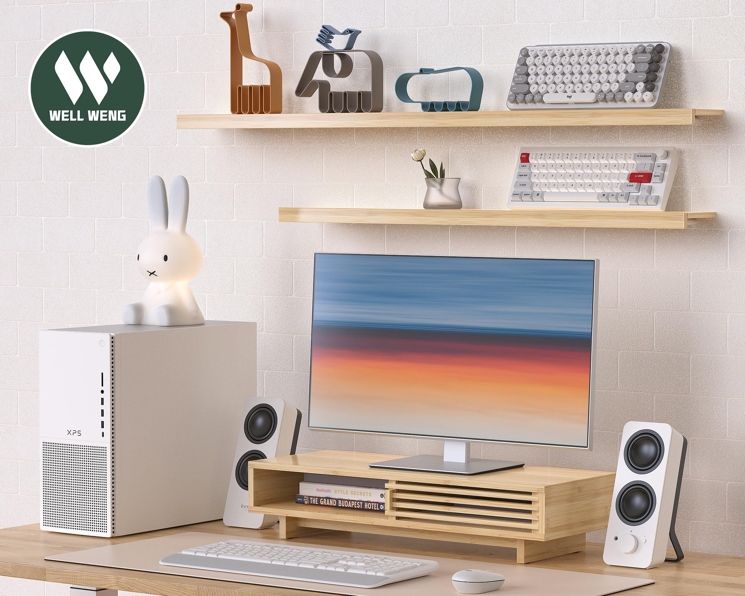 WELL WENG 25" Monitor Stand with Sliding Doors Desk Shelf Bamboo