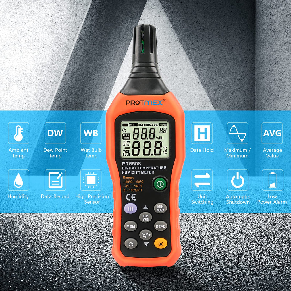 Protmex Digital Temperature Humidity Meter, Thermometer Hygrometer with Ambient Dew Point and Wet Bulb Temperature Indoor and Outdoor, Data Logger with Min/Max Hold, LCD Backlight, PT6508