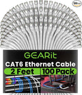 GEARit Cat 6 Ethernet Cable (100-Pack 2 Feet) Cat6 Network Patch, 10Gbps, RJ45, Snagless Cord, Gold-Plated Connectors, Internet for PC, TV, Tablet, Router, Printer, Servers, IT Data Center - White