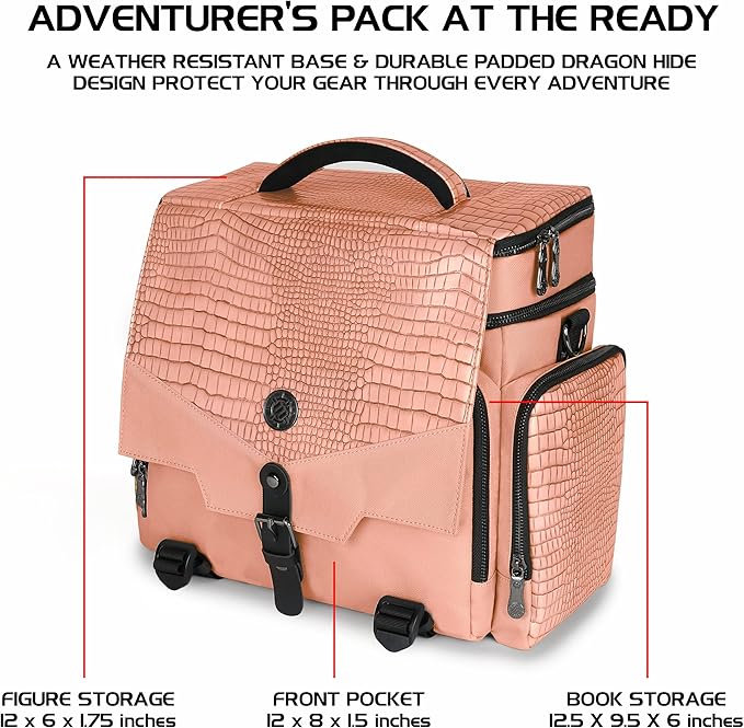 ENHANCE Collector's Edition RPG Adventurer's DnD Bag - Dragon Hide Exterior Travel RPG Bag with Tabletop Miniatures Storage Vault, Mat Holder, DnD Dice & Token Pockets, Fits 4-8 Books (Dragon Pink)