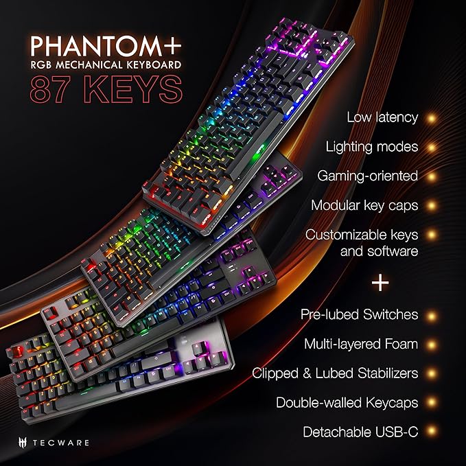 TECWARE Phantom+ 87 Key Mechanical Gaming Keyboard, RGB led, TKL 75% Keyboard, Thocky Sounding, Wraith Red Switch