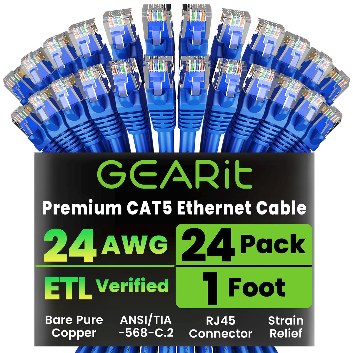 GEARit 24-Pack, Cat5e Ethernet Patch Cable 5 Feet - Snagless RJ45 Computer LAN Network Cord, Blue