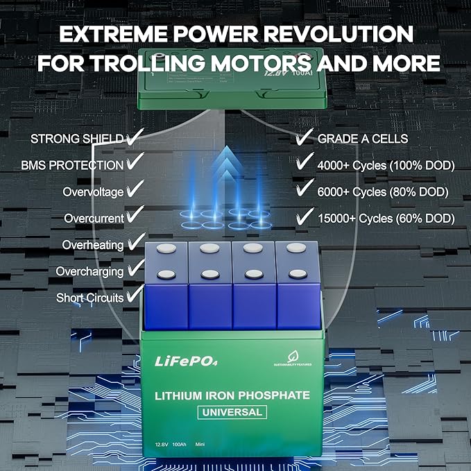 DEASON 12V 100Ah Mini LiFePO4 Lithium Battery - 100A BMS, 10-Year Lifespan, Up to 15000 Cycles, Max. 1280Wh Energy in Small Size, Perfect for RV, Solar, Trolling Motor, Boats, kayaking, Marine etc.