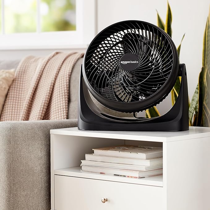 Amazon Basics Air Circulator Fan, Desk Fan for Bedroom, Home and Office, With 90-Degree Tilt Head, 3 Speed Settings, Lightweight (4.2 LBS), 70 Watts, Black, 14.8"Wx7.6"Dx14.1"H