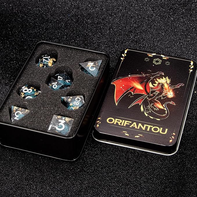 DND Dice Blue Liquid Core Dice Set with Metal Box, Handmade Sharp Edge D and D Polyhedral Dice for use with RPG D&D Role Playing Game
