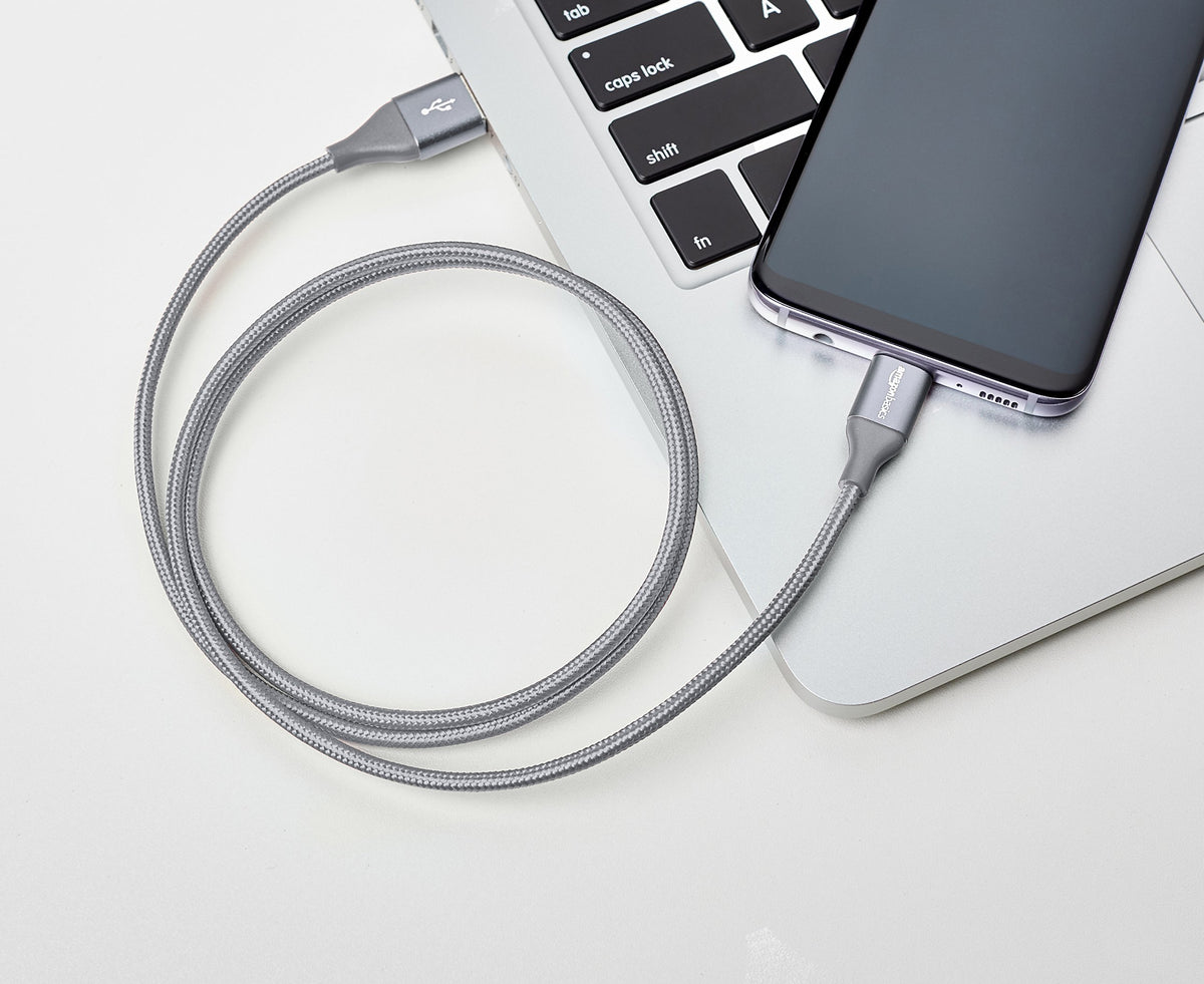 Amazon Basics Nylon Braided USB-C to USB-A 2.0 Fast Charging Cable, 480Mbps Speed, USB-IF Certified, Charge and Sync, for Apple iPhone 16/15, iPad, Samsung Galaxy, Tablets, Laptops, 3 foot, Dark Grey