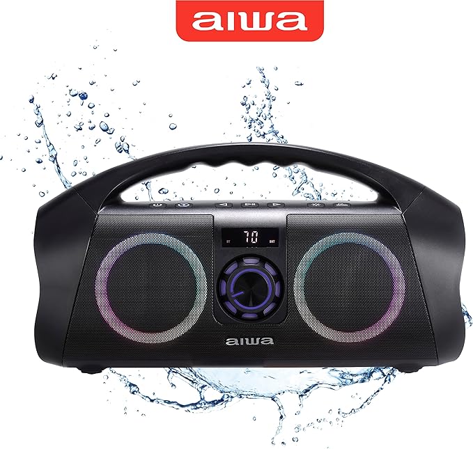 AIWA Portable Boombox - Waterproof Bluetooth Speaker, Rechargeable Wireless Boombox with Multi Color LED Lighting and Digital Display, AUX Input and Carry Handle, 15 Hour Playtime