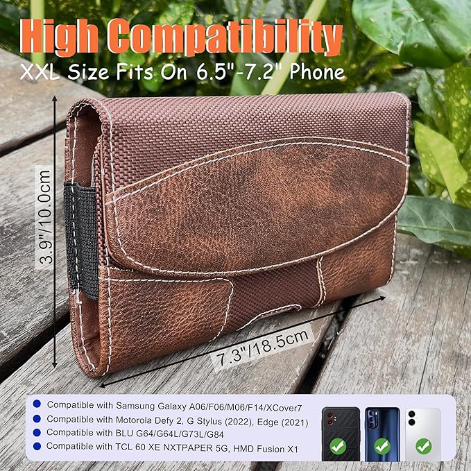 Leather Phone Holster for Men with Belt Clip, Cell Phone Holder for Galaxy A06/F06/M06/F14/XCover7/Moto Defy 2/BLU G64/TCL 60R/HMD Key,Belt Pouch Case Magnetic Closure (Brown-XXL)