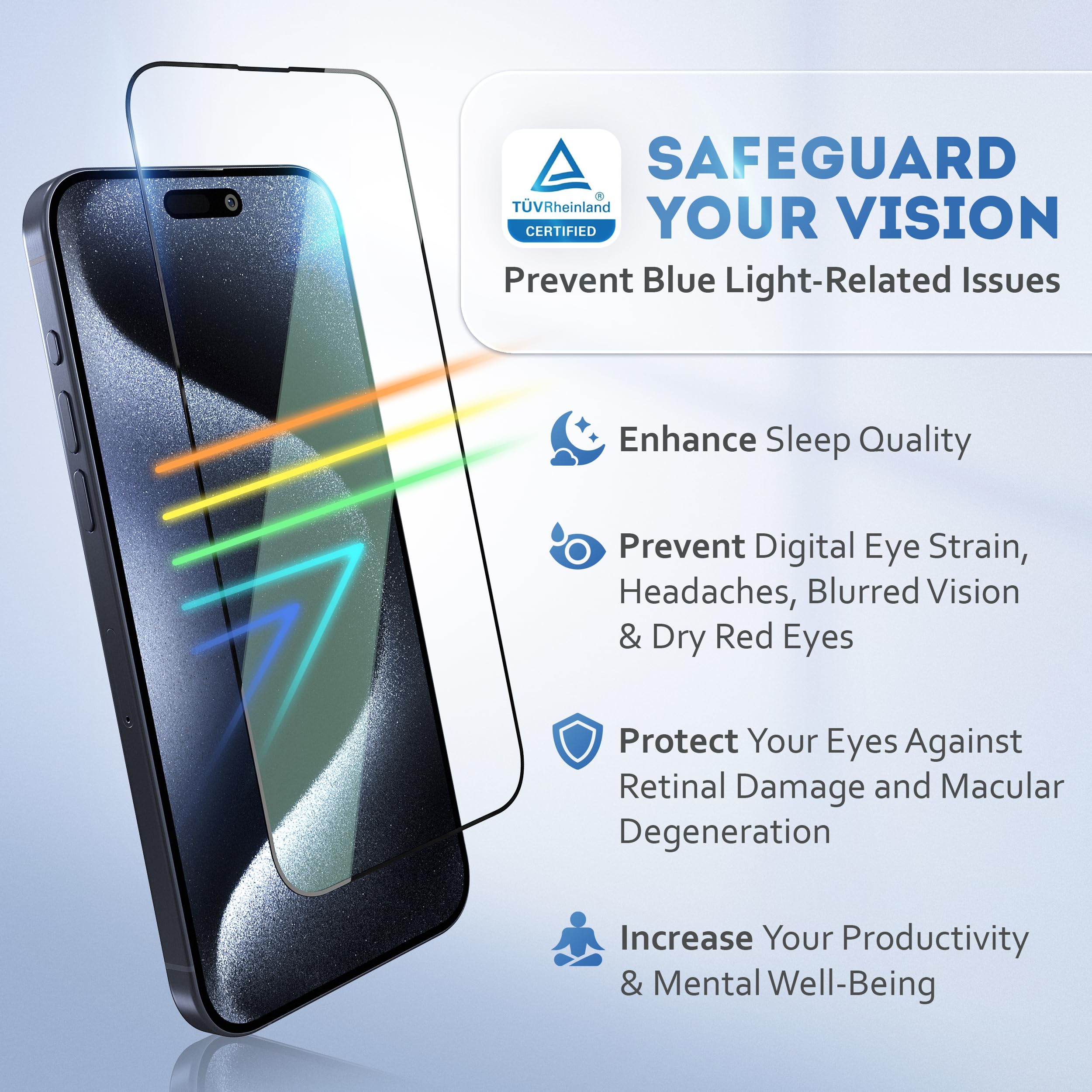 Deppa |2 Pack| for iPhone 17/ iPhone 16 Pro (6.3') Anti-Blue Light Screen Protector | Scratch Resistant Tempered Glass | 3D Edge to Edge Coverage | Easy Installation Kit | Eye Safeguard TÜV Certified
