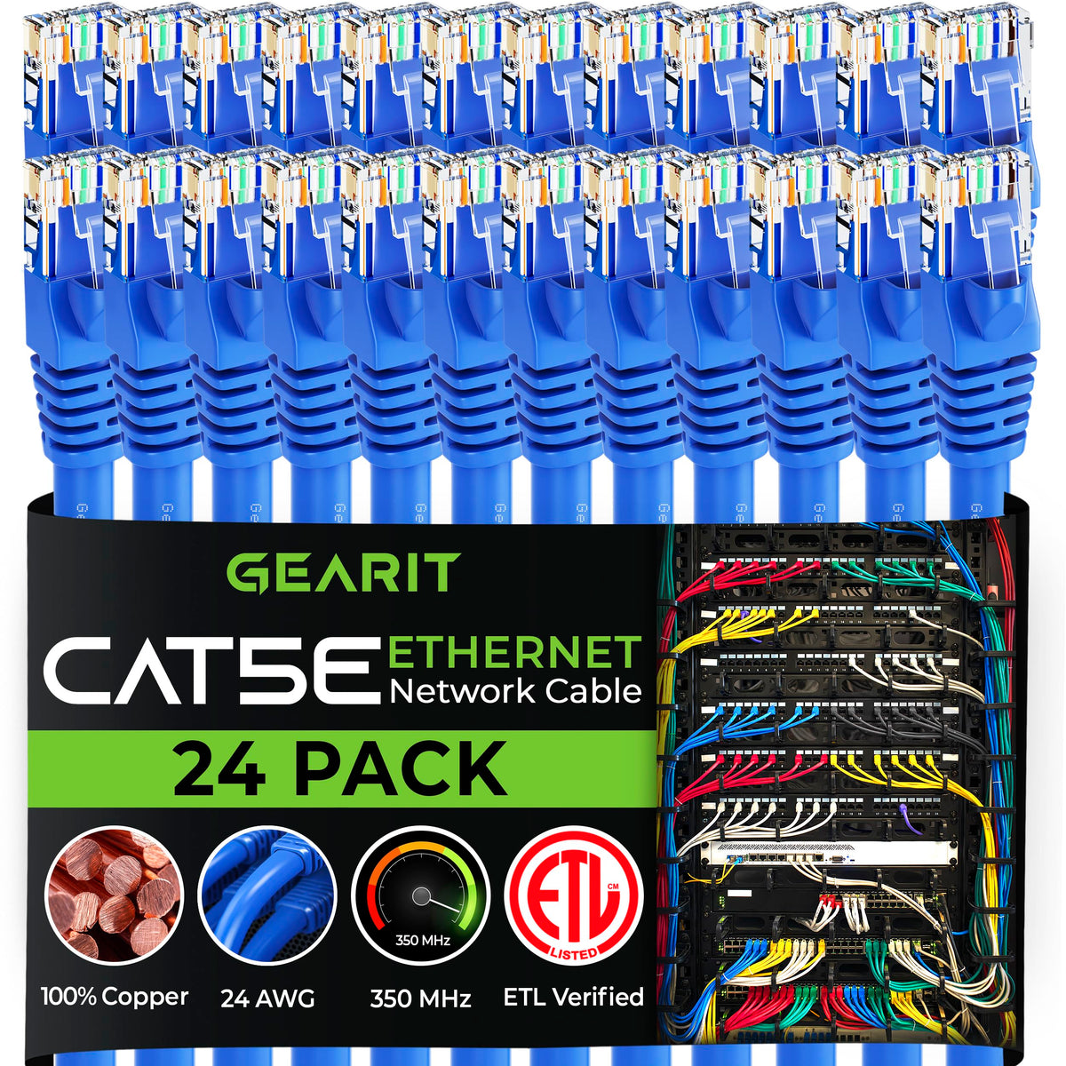GEARit 24-Pack, Cat5e Ethernet Patch Cable 5 Feet - Snagless RJ45 Computer LAN Network Cord, Blue
