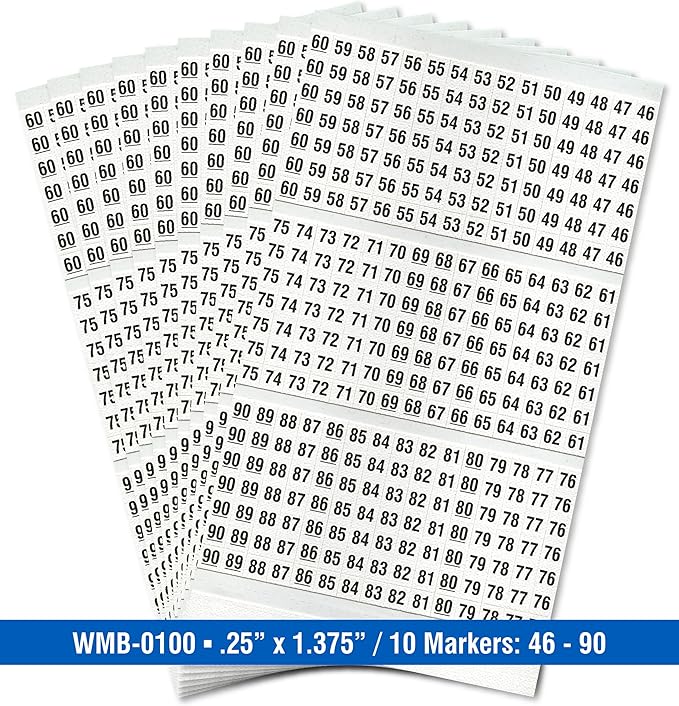 Premium Wire Marker Book for Cable Management, Vinyl-Coated, High-Tack Adhesive, Electric Panel Wire Label Stickers - 10 Pages, 1 Book, Numbered 46-90 (Pack of 10)