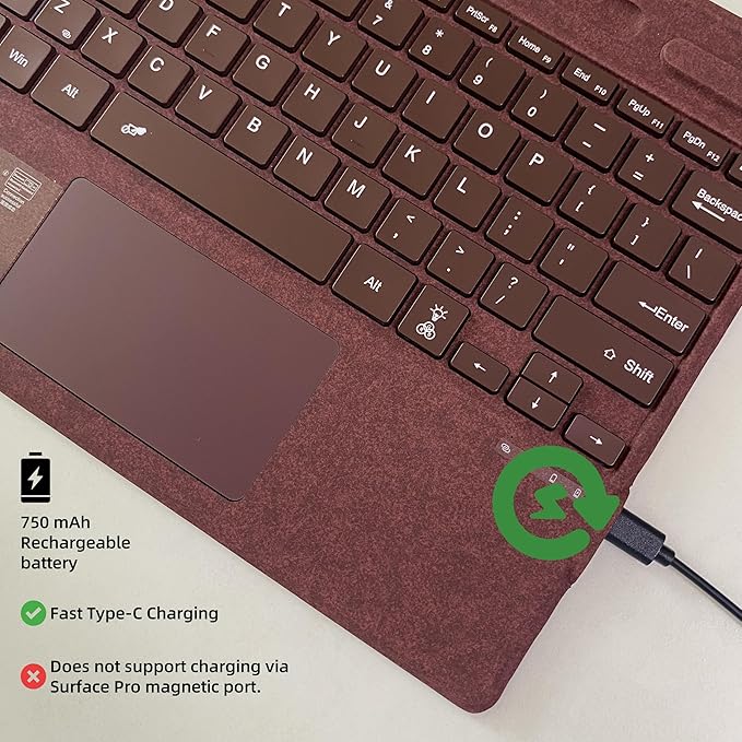 Keyboard for Microsoft Surface Pro Copilot+ (11th Edition) / Pro 11 / Pro 10 / Pro 9 / Pro 8 / Pro X, 13 inch, Detachable Type Cover with Touchpad, 7-Color Backlit & Pen Holder (Wine)