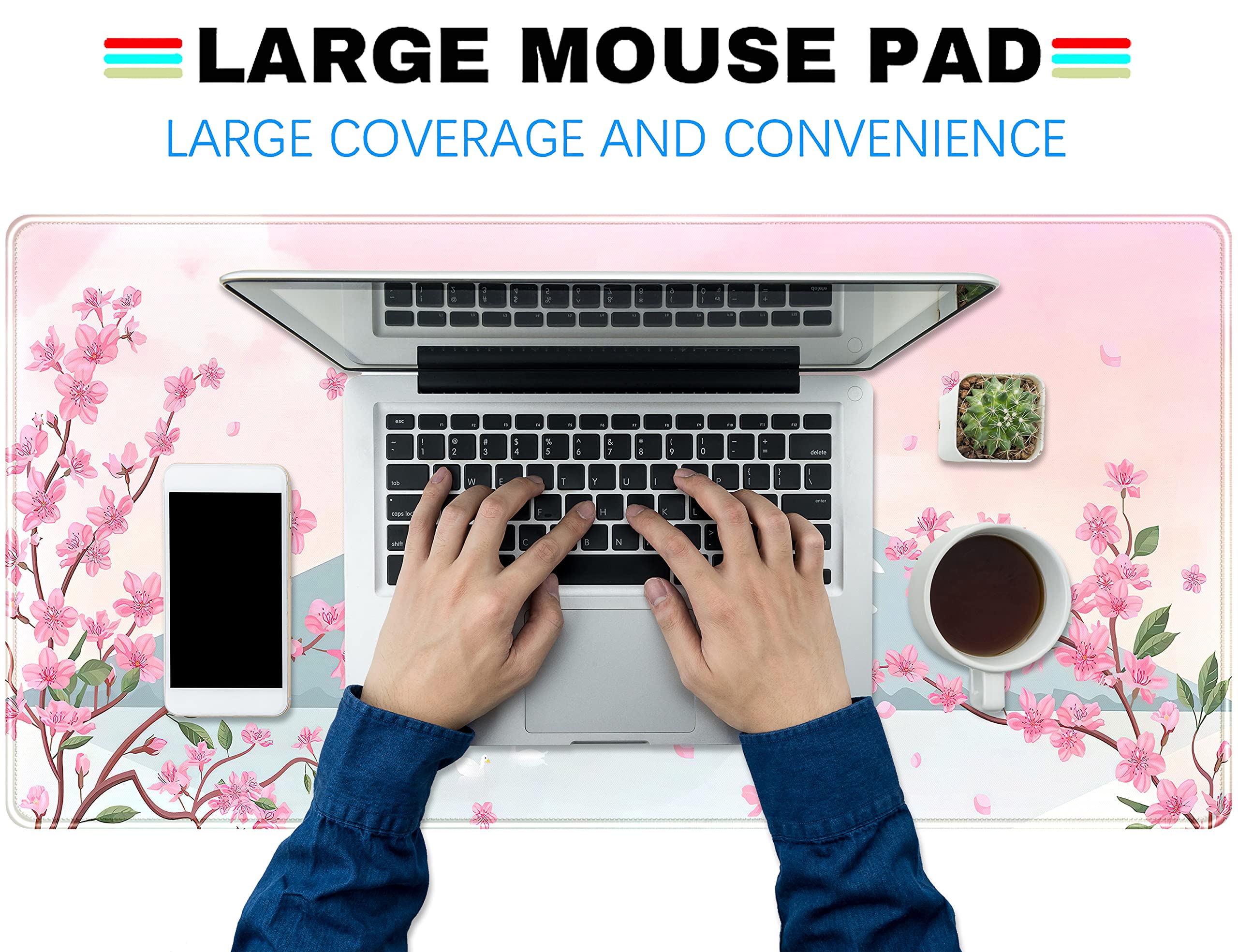 Japanese Desk Mat Pastel Pink Cherry Blossom Mouse Pad Mt Fuji Japan Large Gaming Anime Mousepad XXL 31.5x15.75 in, Kawaii Aesthetic Flower Cute Women Office Decor Computer Laptop Keyboard Mat