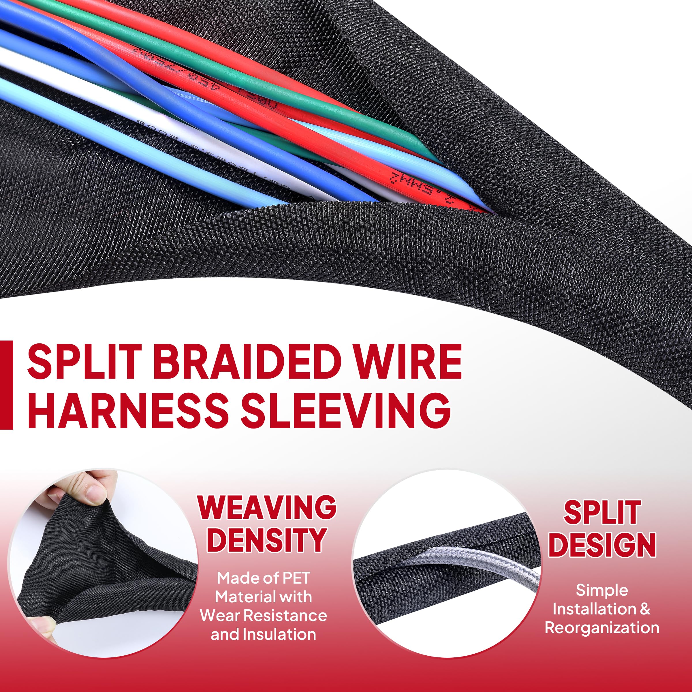 BuyUneed Black Split Braided Cable Management Sleeves 1/2inch -30Feet