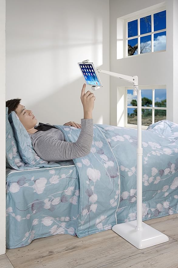 IDEE Tablet Floor Stand with 10lb Heavy Duty Base, 360 Degree Adjustable Tall Holder for Bed Compatible up to 13inch Kindles, iPads, and Tablets, White