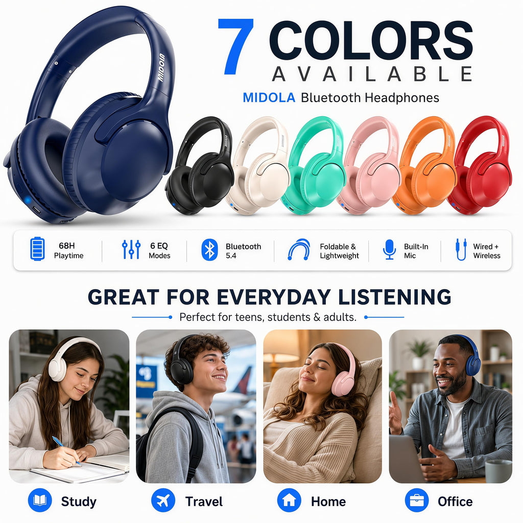 MIDOLA Bluetooth Headphones Over Ear, 68H Playtime Wireless Headphones with Microphone, 6 EQ Modes, HiFi Stereo Deep Bass, Foldable Lightweight Headset for Home Office, Cellphone, PC, Blue