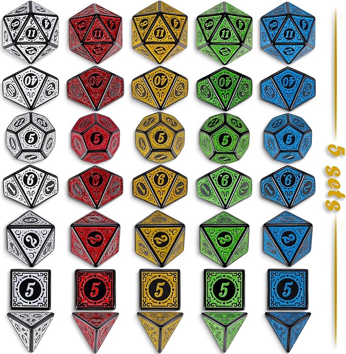CiaraQ Polyhedral Dice with 5 Pouches, 5 Sets of Retro Dice for MTG DND Board Games, 35 Pieces