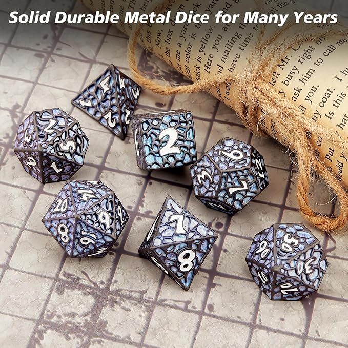 PJOY Metal D&D Dice Set for Dungeons and Dragons Dice with Case Meteorite Black Blue Glitters 7PCS 16mm Role Playing Cool DND Gifts for Players DM Board Game Masters
