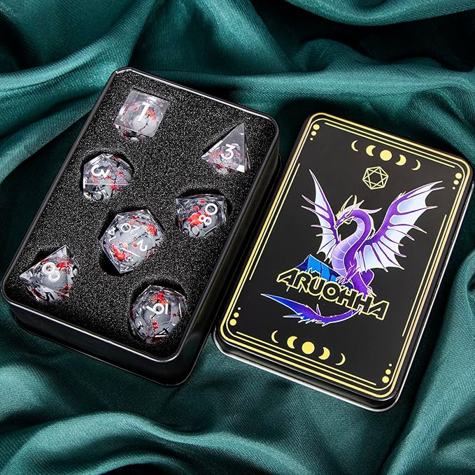 ARUOHHA DND Resin Dice Plum Blossom Liquid Core White Sharp Edge Dragons Polyhedral Dice Set with Gift Box, Compatible with D&D Role Playing Game Dungeons D and D Dice Set D20 D12 D10 D6