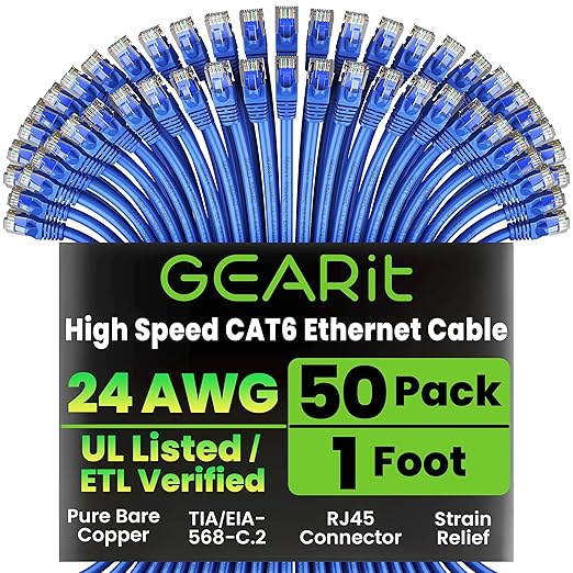 GearIT Cat 6 Ethernet Cable Pack - 50-Pack 1 ft Cat6 Ethernet Patch Cables | RJ45 Network Patch Cable, 10 Gbps Snagless Gold-Plated Connectors - Ethernet Cable Cat 6 for PC, TV, Router - Blue
