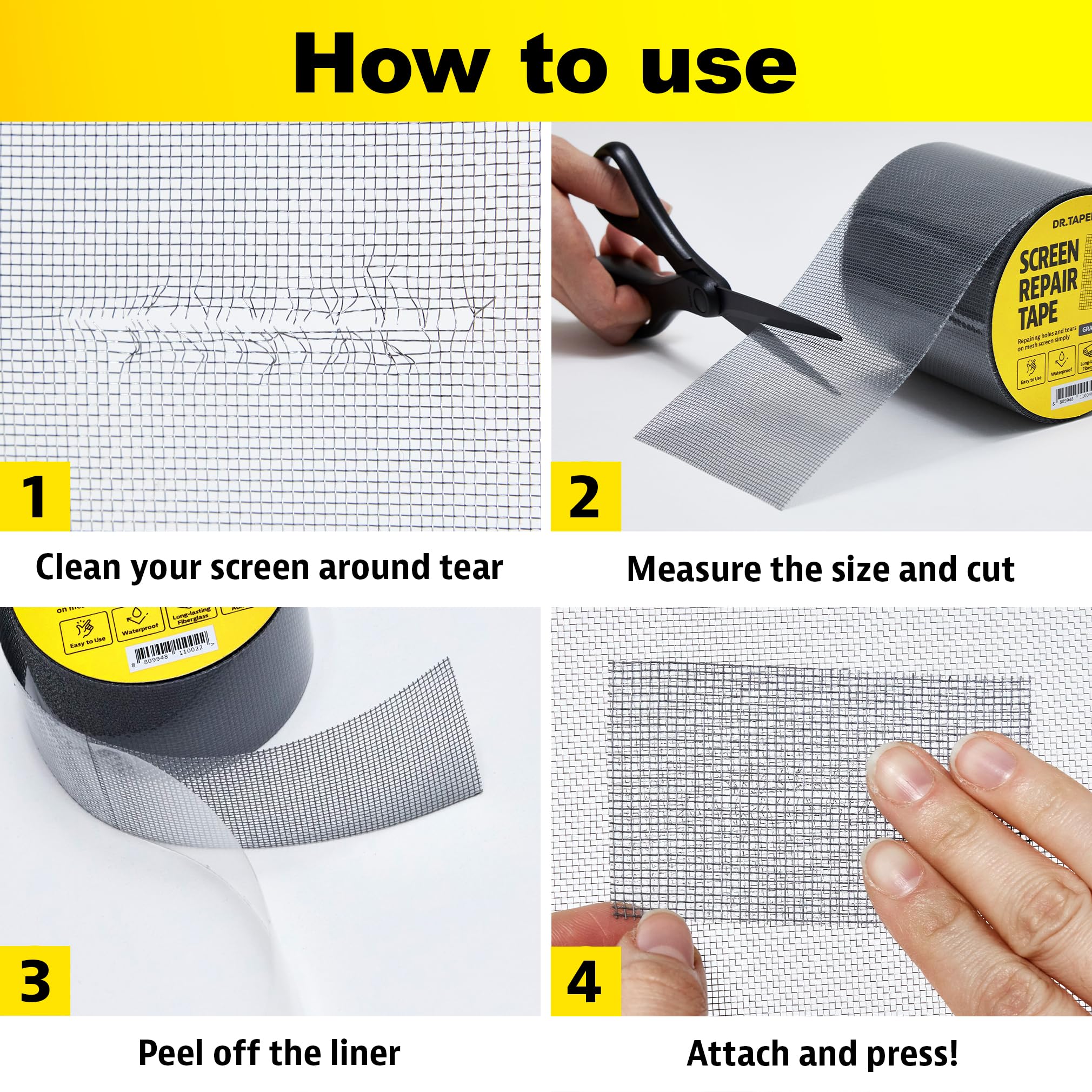 DR.TAPELAB, Grey Window Screen Repair Tape, 2 in X 15 FT, Screen Repair Kit for Windows or Doors, Strong Adhesive Patch Kit Fiberglass Mesh Tape