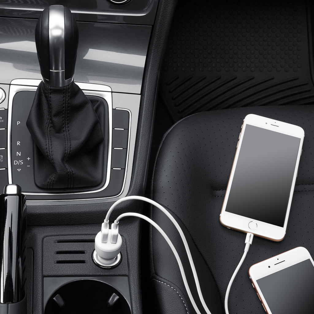 Amazon Basics 24W Dual USB Car Charger for Phones, 2-Port USB-A with LED Indicator, Small Size, Low Profile, Compatible with iPhone 16/15/14/13/12/11/X, Samsung, and more, Black/Red