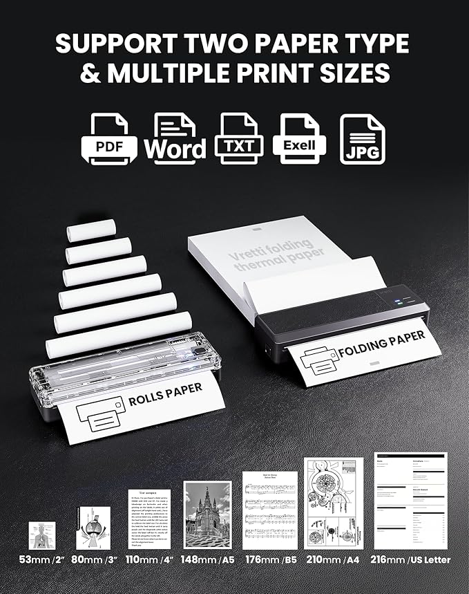 vretti P83 Portable Printers Wireless for Travel, A4 Portable Thermal Printer, Mobile Inkless Printer Compatible with Phone & Laptop, Supports 8.5 x 11 US Letter for Car School Office Home Use, Black