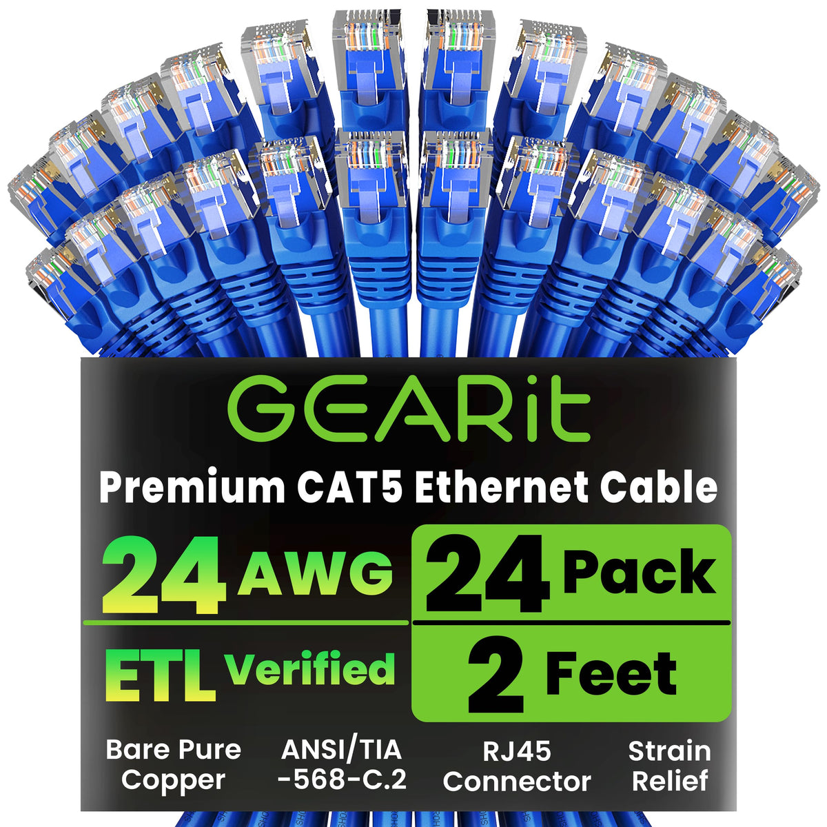 GEARit 24-Pack, Cat5e Ethernet Patch Cable 5 Feet - Snagless RJ45 Computer LAN Network Cord, Blue