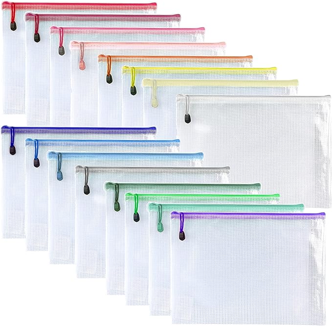 Oaimyy-16 PCS-9 x 12 inches-Mesh Zipper Pouch, Plastic Zip File Folders Puzzle Bags for Organizing,for Office Supplies,Travel,Home Storage-Multicolor