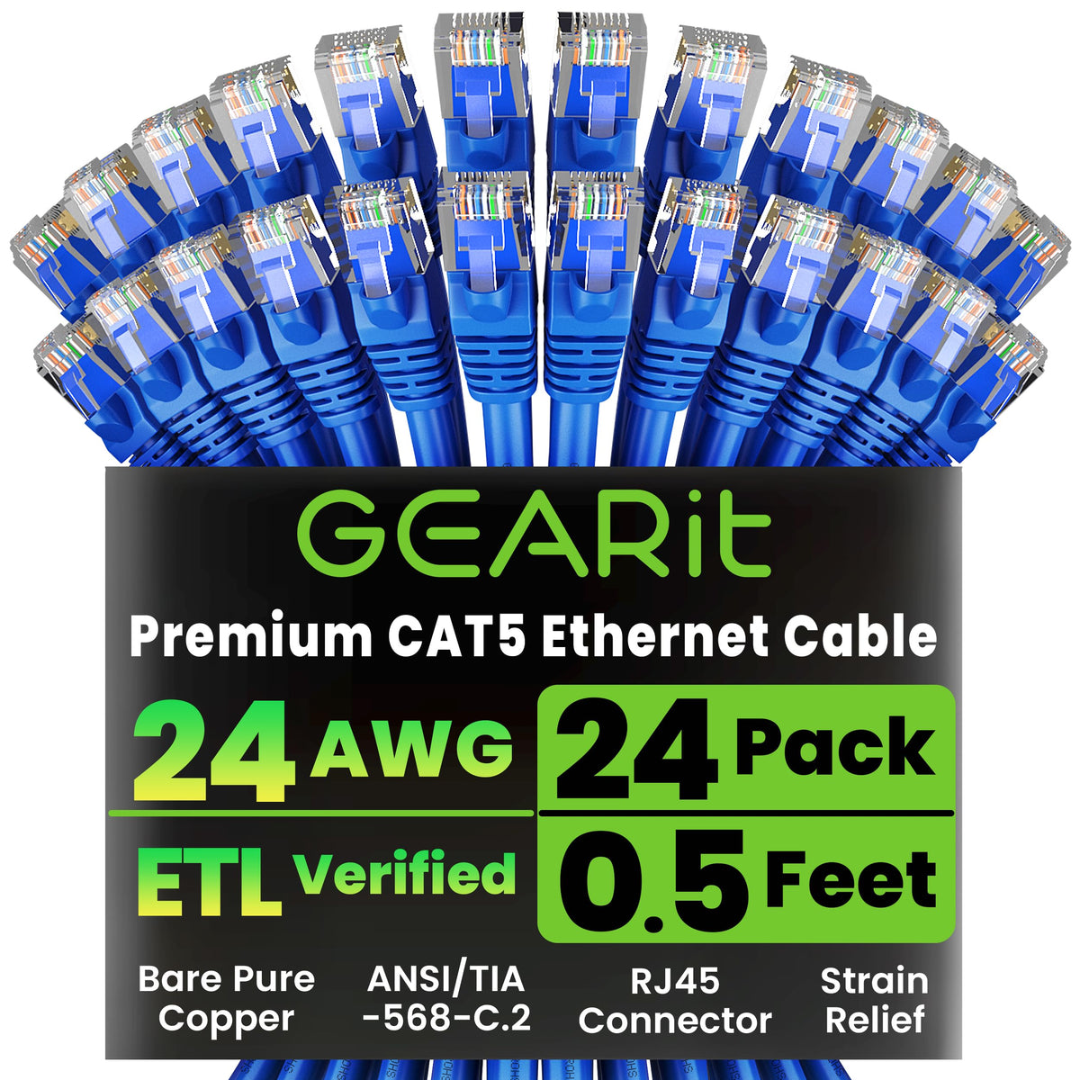 GEARit 24-Pack, Cat5e Ethernet Patch Cable 5 Feet - Snagless RJ45 Computer LAN Network Cord, Blue