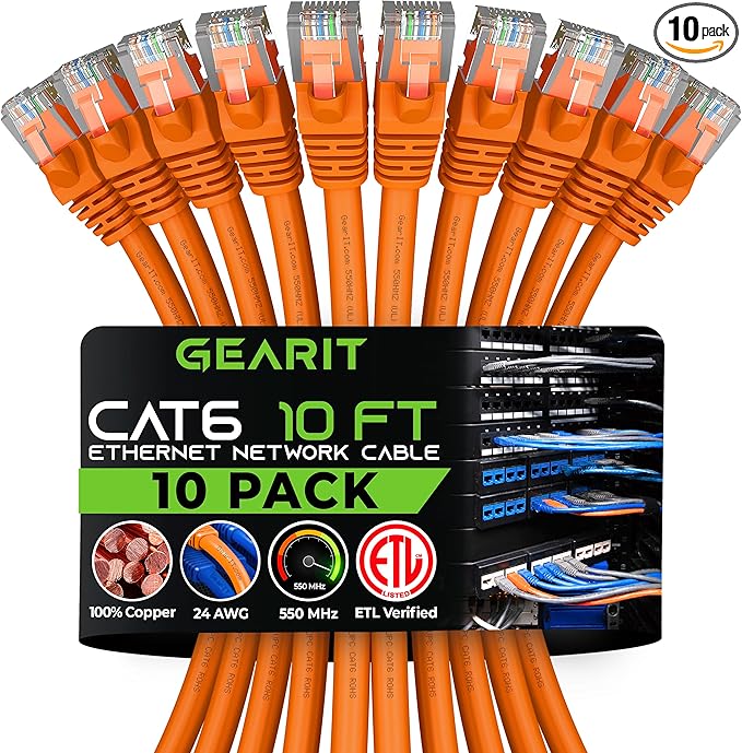 GearIT Cat 6 Ethernet Cable (10-Pack 10 Feet) Cat6 Network Patch, 10Gbps, RJ45, Snagless Cord, Gold-Plated Connectors, Internet for PC, TV, Tablet, Router, Printer, Servers, IT Data Center - Orange