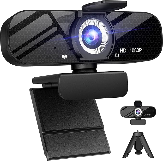Full HD 1080P Webcam with Microphone, Wide Angle, Rotatable Tripod, Privacy Cover