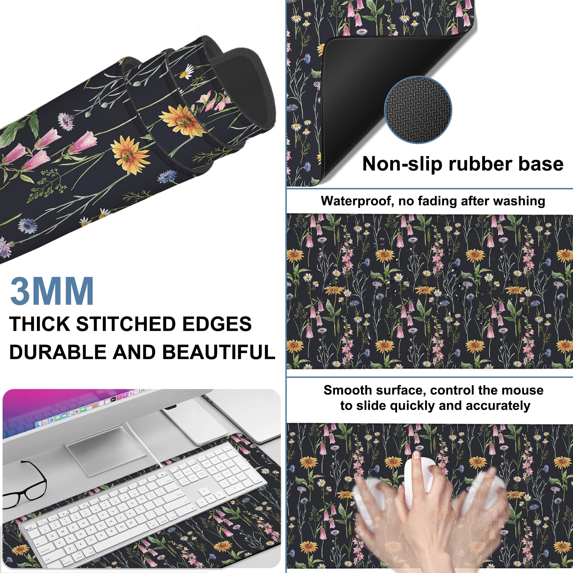 NITAHHHY Large Mouse Pad Field Flowers Gaming Desk Pad Computer Keyboard Non-Slip Waterproof Mouse Mat with Rubber Base and Stitched Edges Entertainment Office Writing Desk Mat 35.4 x 15.7 Inches