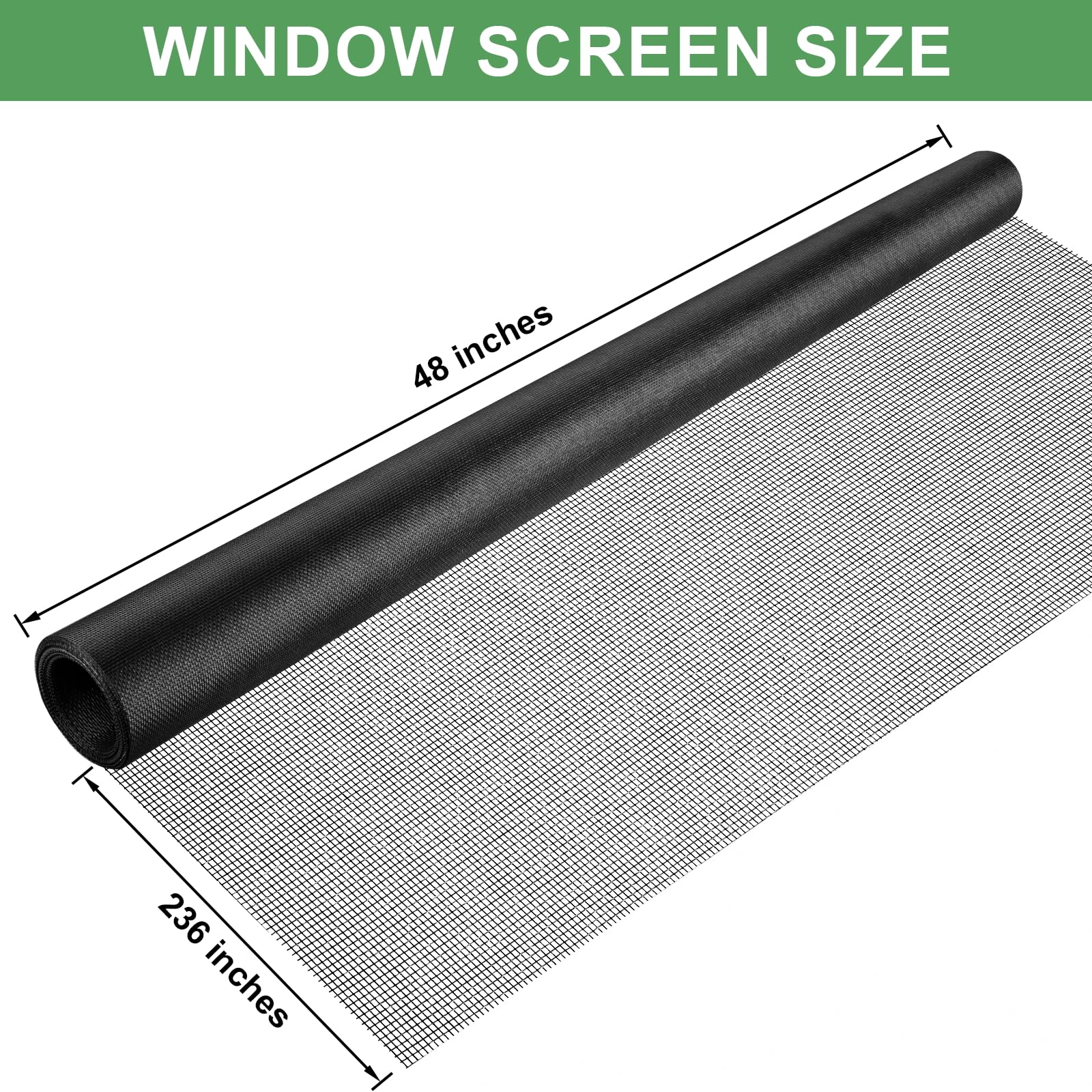 48"X236" Window Screen Replacement Kit, 6 in 1 Window Screen Door Repair Kit, Replacement Window Screens, Fiberglass Patio Screen Mesh for Porch Sliding Door, Rolling Tool Hook Spline Cutter Ruler