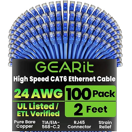 GEARit Cat 6 Ethernet Cable Pack - 100-Pack 2 ft Cat6 Ethernet Patch Cables | RJ45 Network Patch Cable, 10 Gbps Snagless Gold-Plated Connectors - Ethernet Cable Cat 6 for PC, TV, Router - Blue